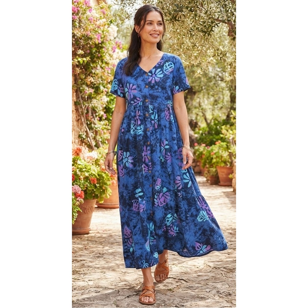 Smithsonian Institution Batik Floral Button Front Midi Dress Size L Blue Rayon